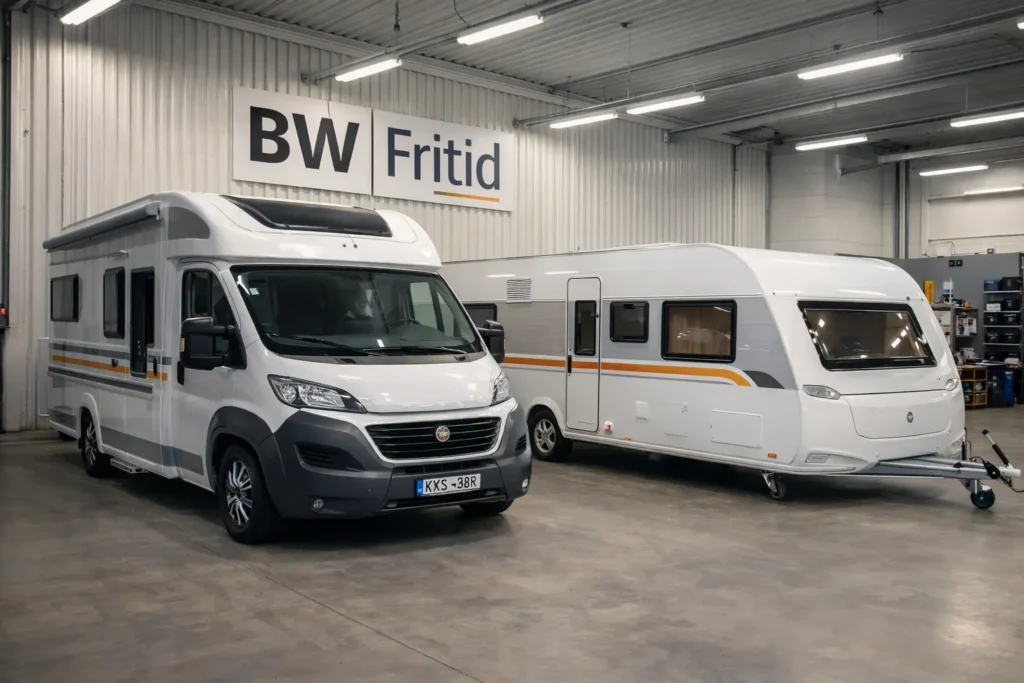 BW Fritid garage with a motorhome and caravan parked indoors in a clean showroom environment